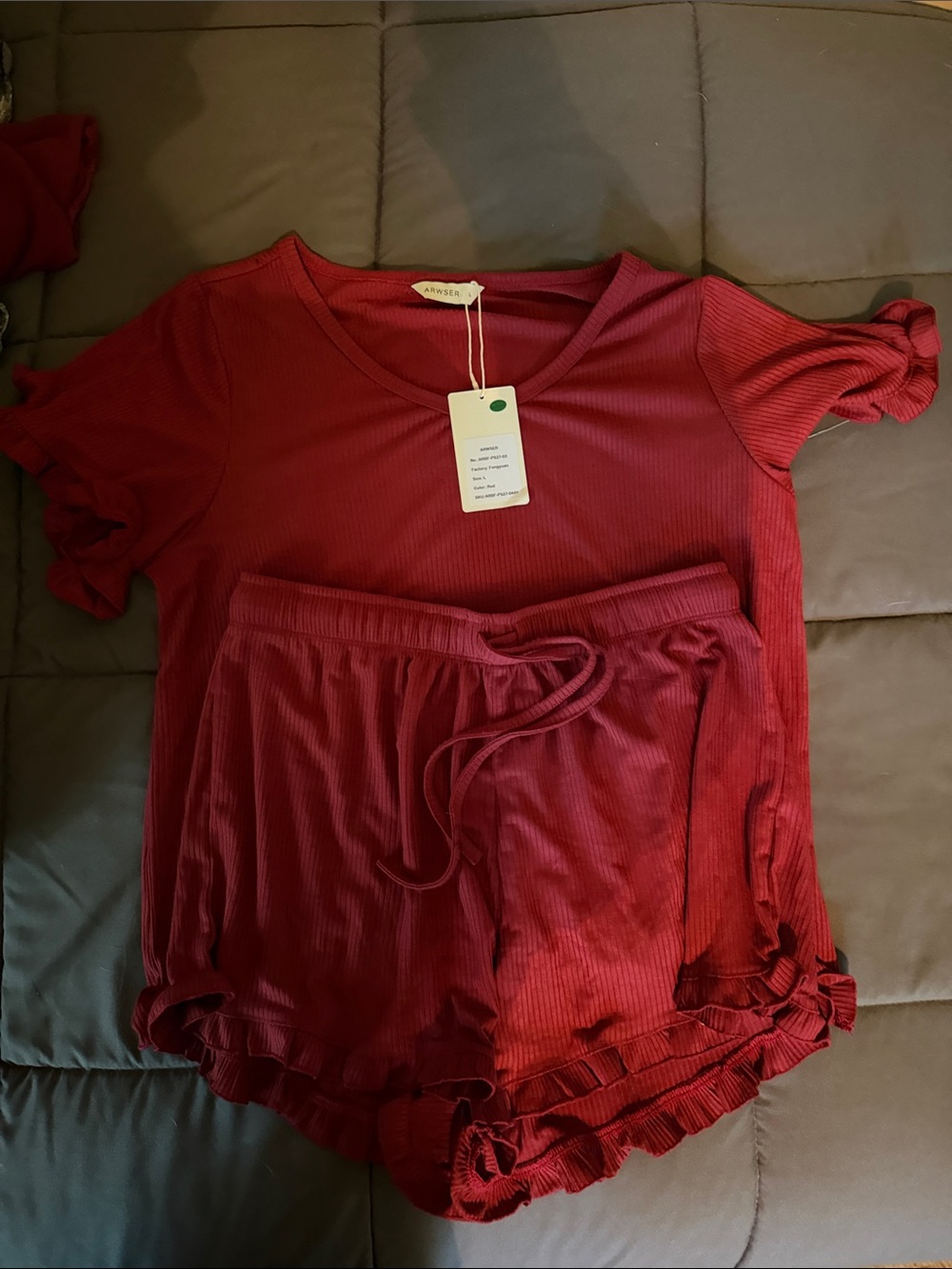 Ribbed Short Sleeve Pajama Set in Deep Red - Women's